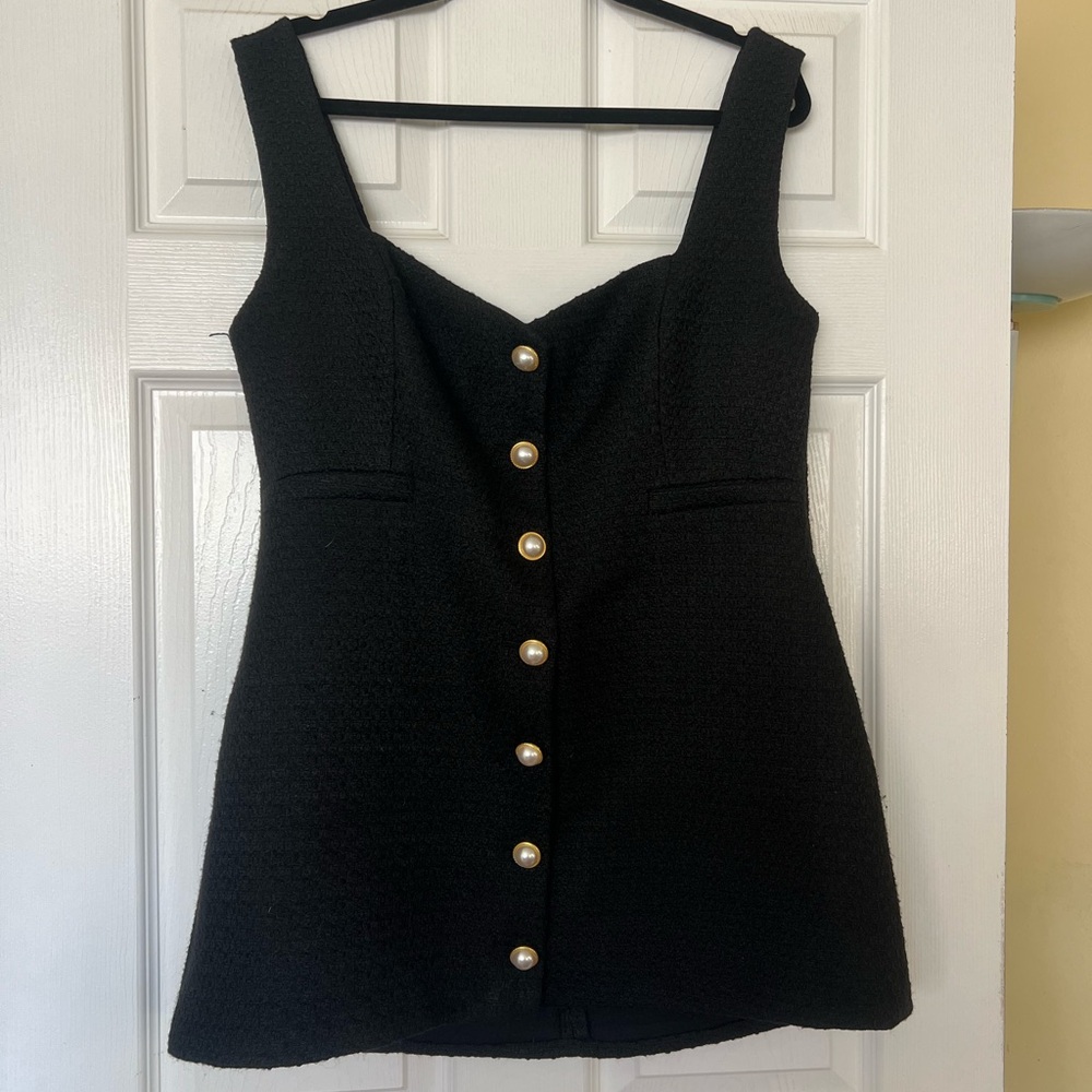 French Connection Black tweed Mini Dress with Pearl Buttons